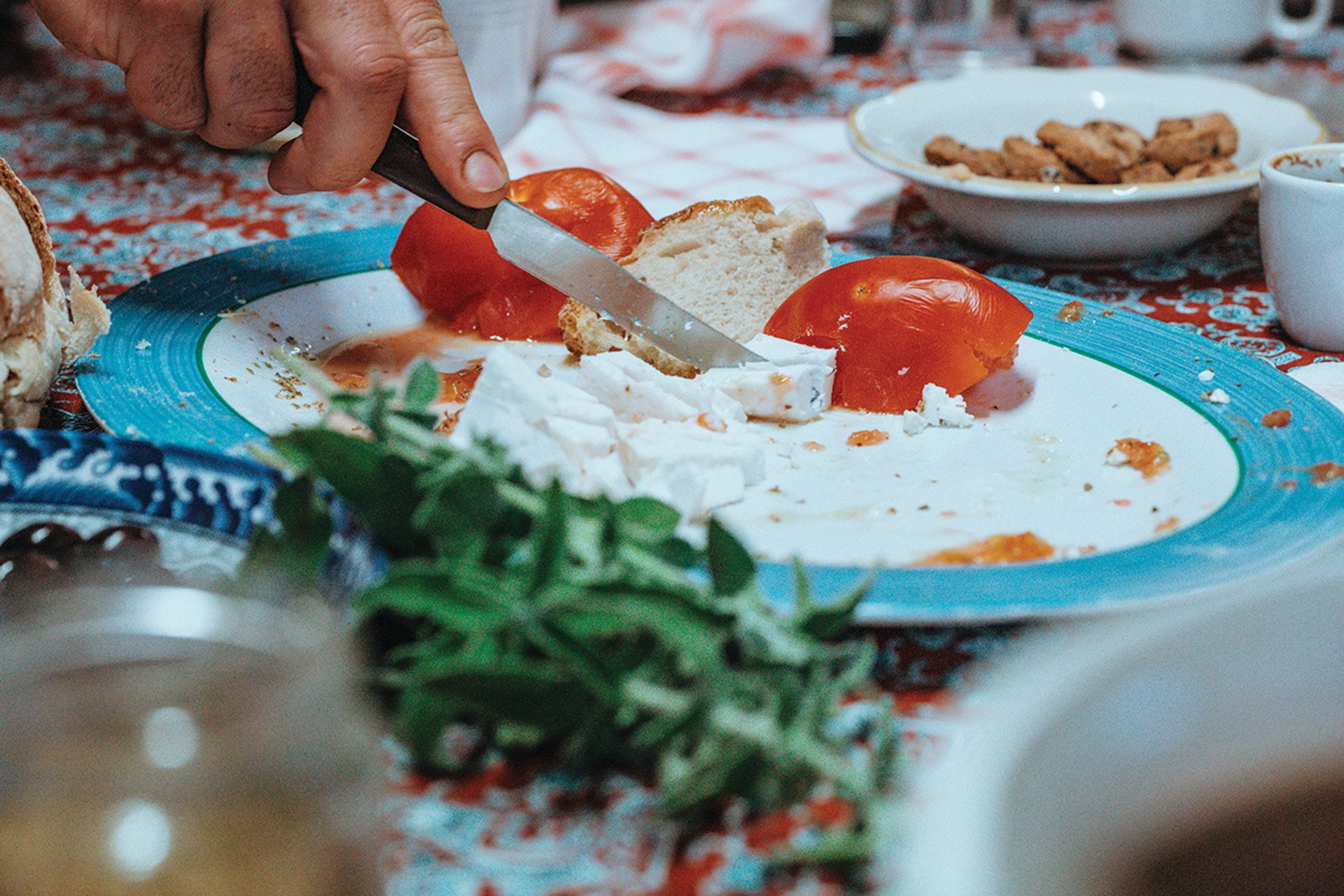 Bread, cheese and tomato, the local's snack.